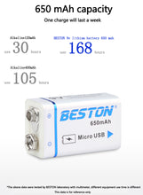 9V 650mAh BESTON Hochwertiger USB-Li-Ionen-Lithium-Akku für Multimeter und elektronische Instrumente