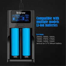 iEGrow 18650 Akkuladegerät, LCD Akkuladegerät mit USB Anschluss, 3,7 V Lithium Ionen Akkus, 2 Steckplätze
