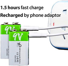 2 Stück Wiederaufladbarer USB 9 V Lithium Ionen Akku, hohe Kapazität, 650 mAh, wiederaufladbarer 9 V Akku, 1,5 H Schnellladung